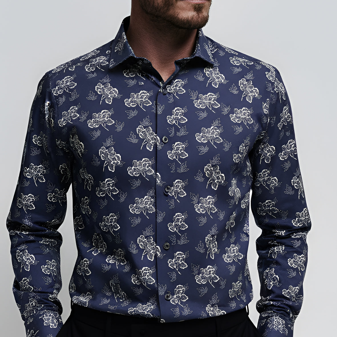 Blue Chrysanthemum Print Tailored Fit Long Sleeve Shirt