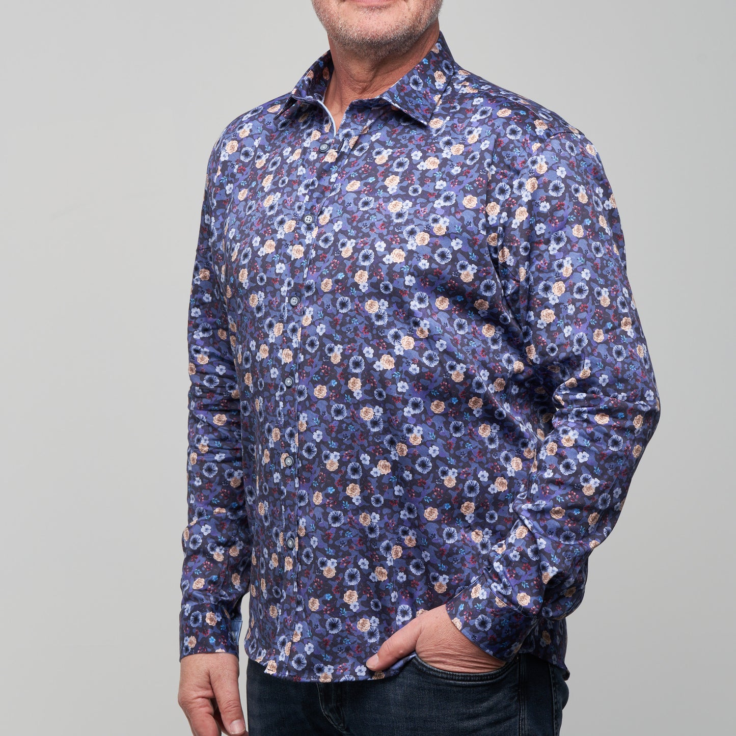 JF2304 Blue Floral Print Tailored Fit Long Sleeve Shirt