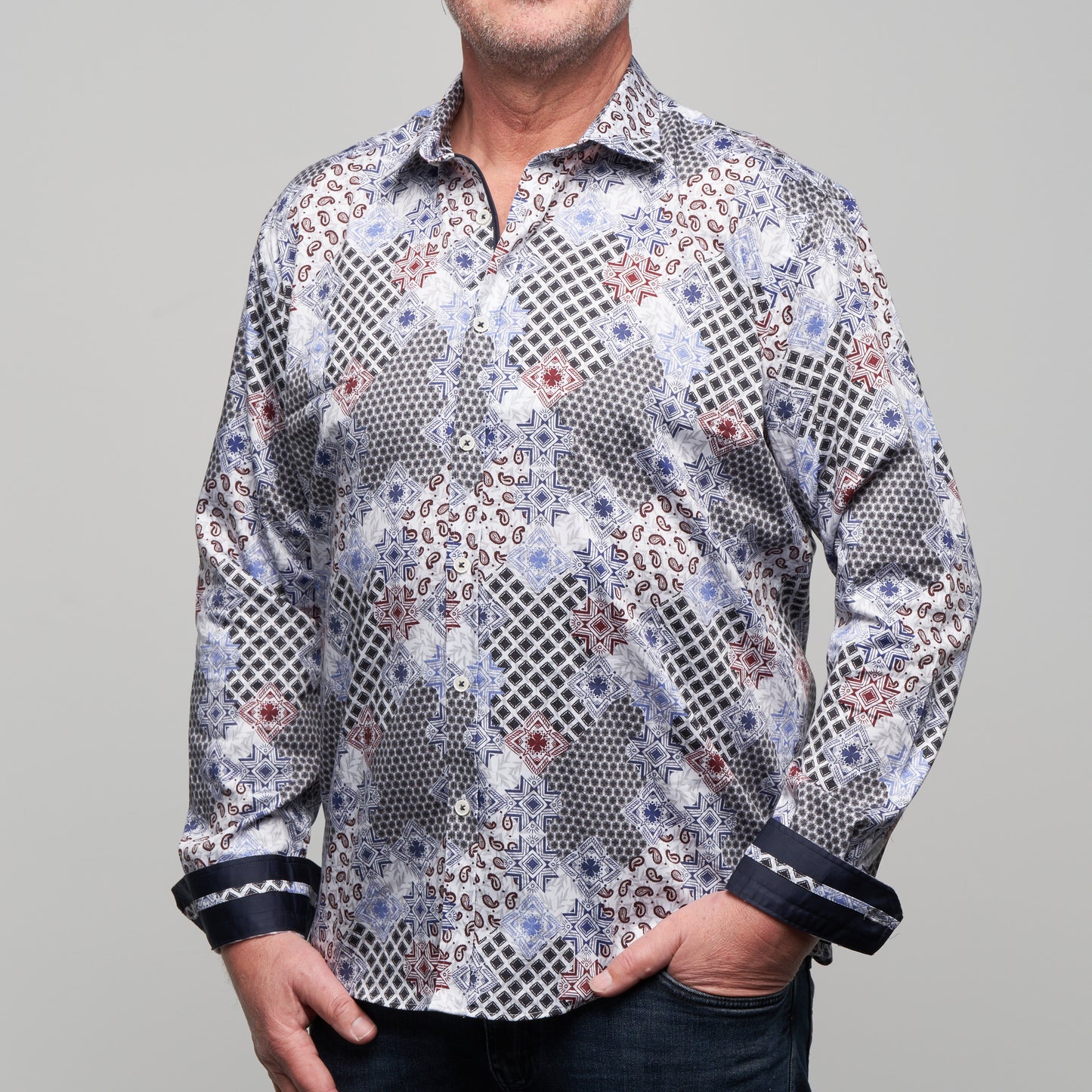 JF2316 Patchwork Print Tailored Fit Long Sleeve Shirt