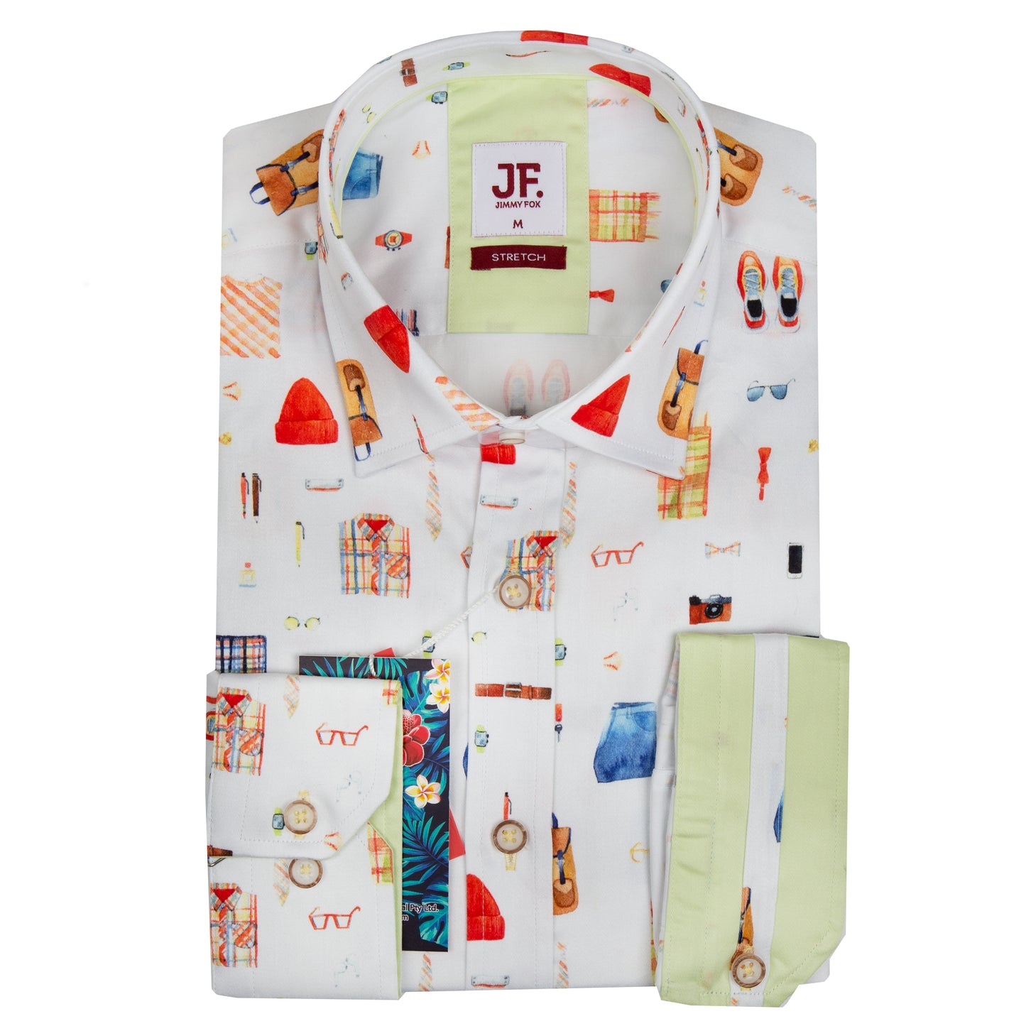 JF23190 White Travellers Print Tailored Fit Long Sleeve Shirt