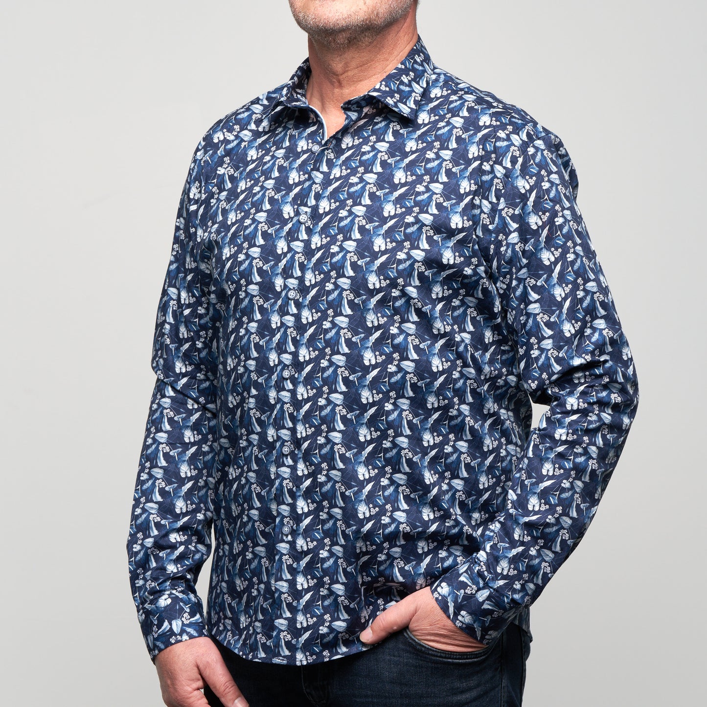 JF2321 Blue Leaf Print Tailored Fit Long Sleeve Shirt