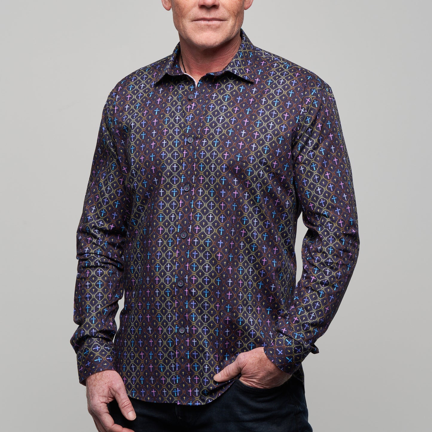 JF2329 Vintage Cross Print Tailored Fit Long Sleeve Shirt