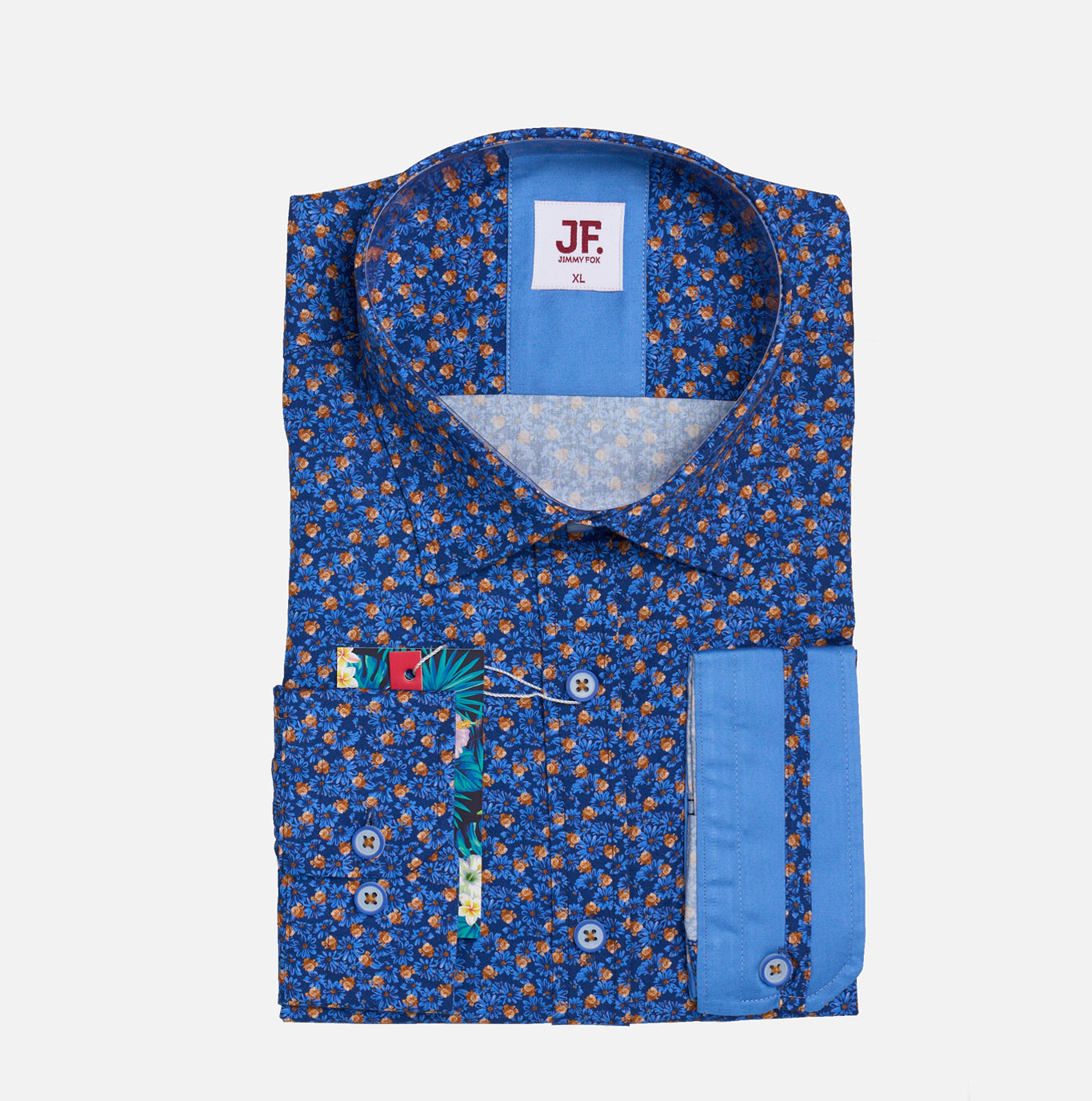 JF2337 Blue Micro Daisy Print Tailored Fit Long Sleeve Shirt