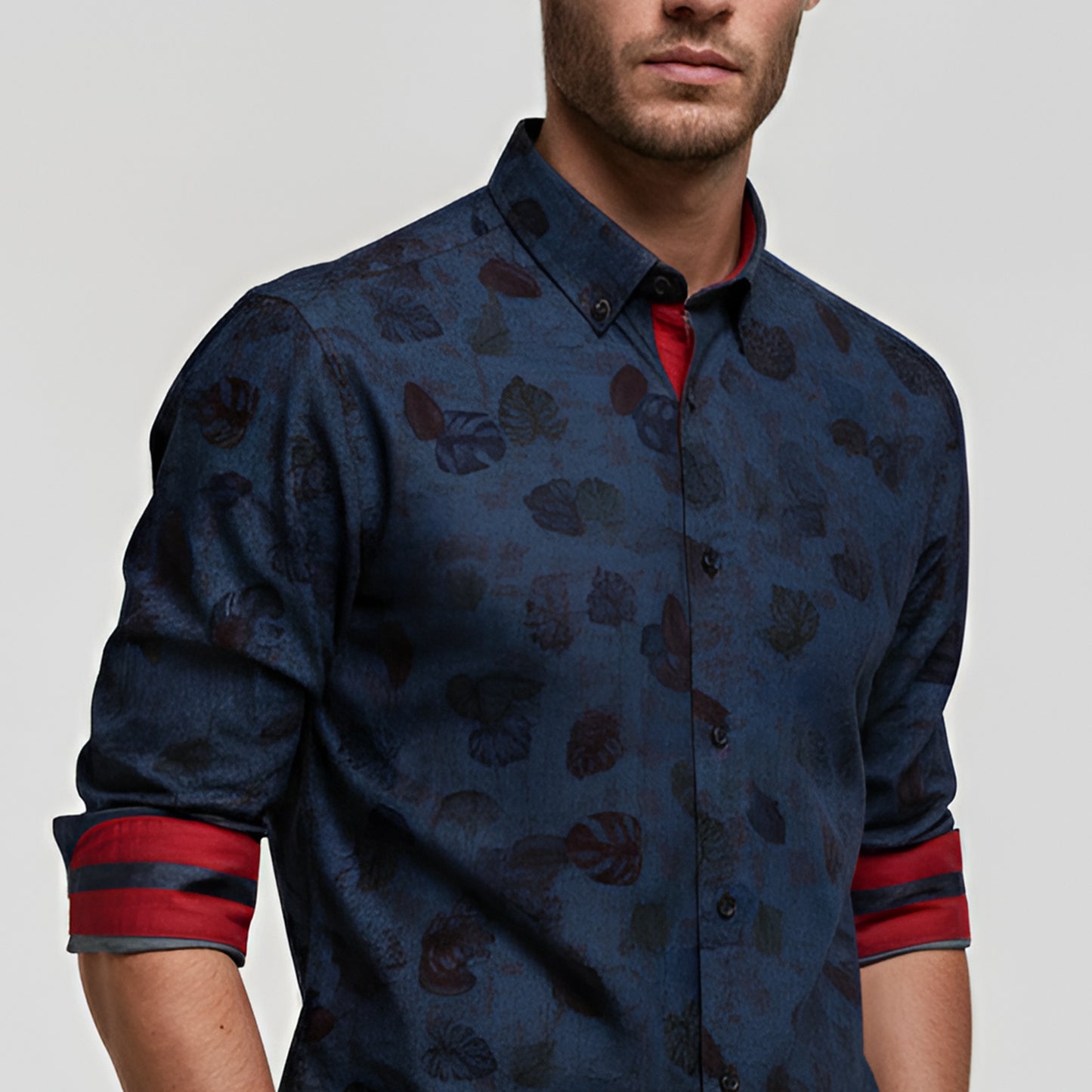 Dark Denim Overprint Fern Design Tailored Fit Long Sleeve Shirt
