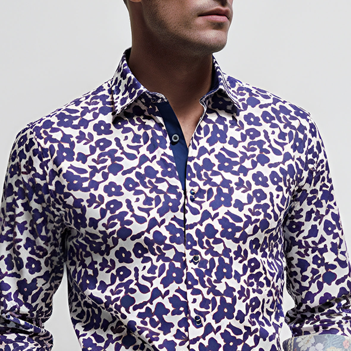 White/Blue Floral Print Tailored Fit Long Sleeve Shirt