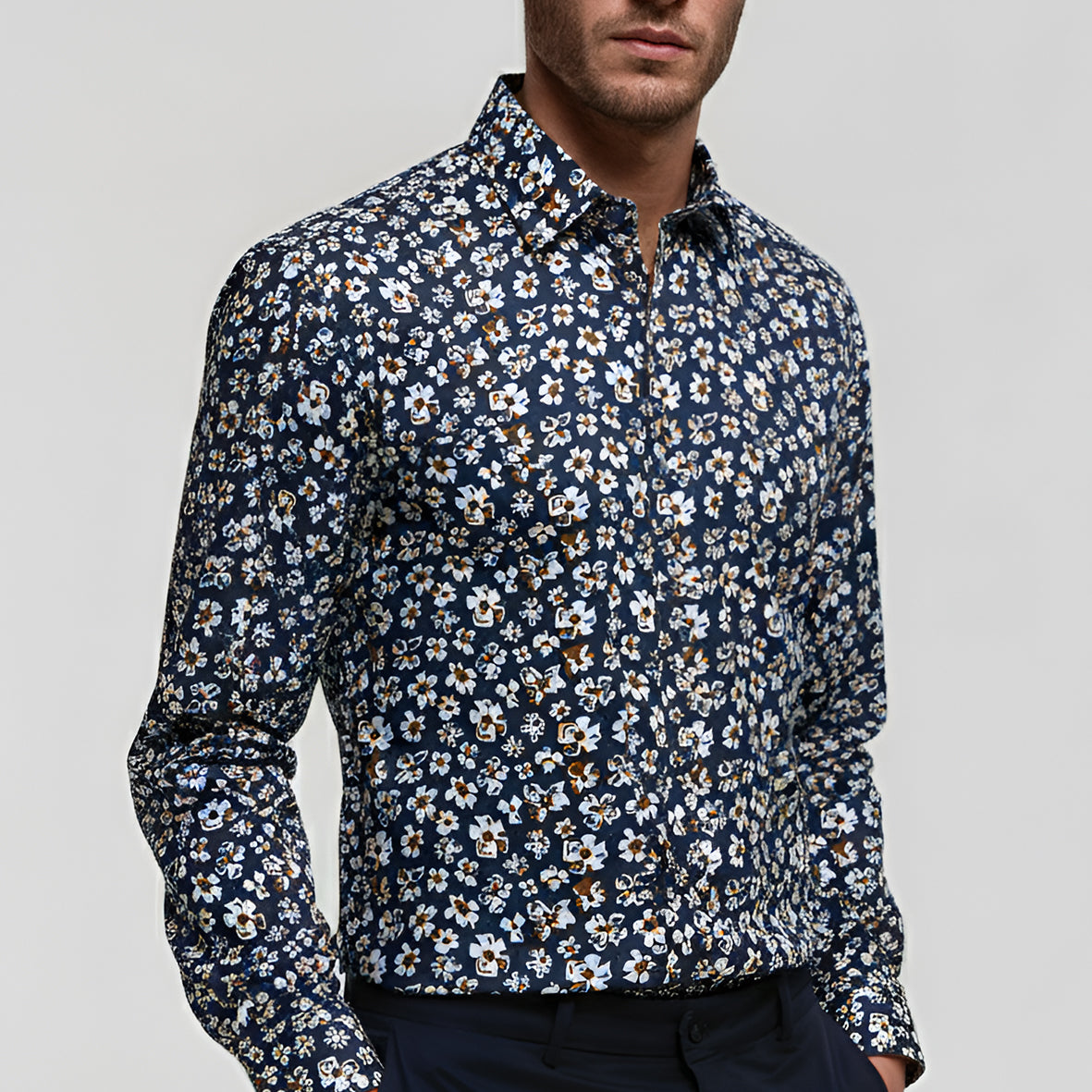 Navy Floral Print Tailored Fit Long Sleeve Shirt