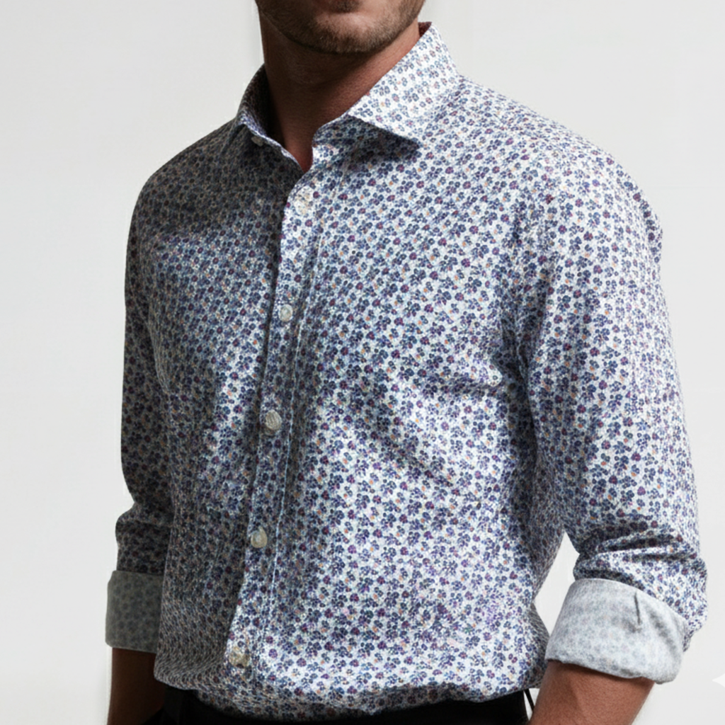 White Minature Floral Print Tailored Fit Long Sleeve Shirt