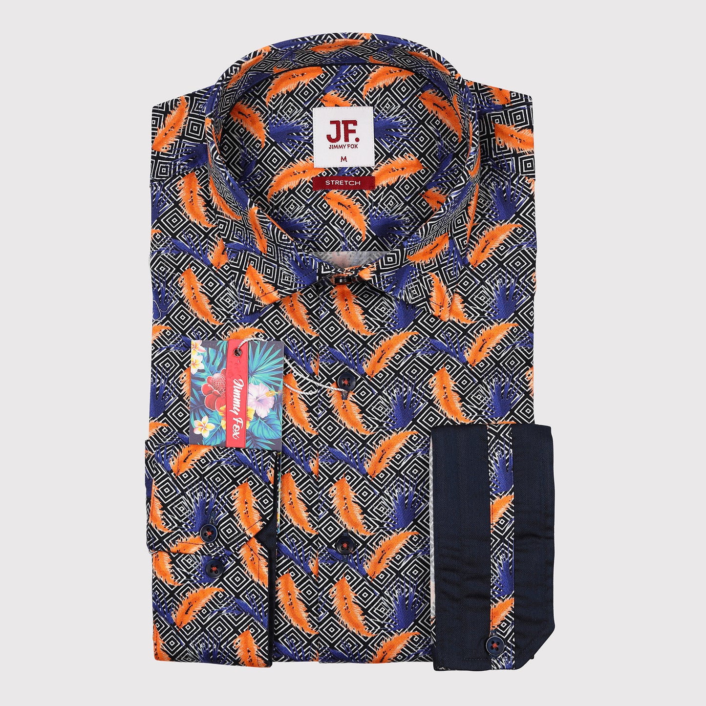 JF423 JIMMY FOX Geometric with Feather Overlay Print Sateen Stretch Slim Fit L/S Shirt