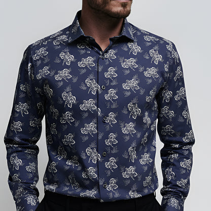 Blue Chrysanthemum Print Tailored Fit Long Sleeve Shirt