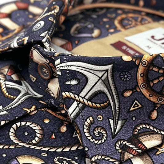 Dark Purple Sailors Print Tailored Fit Long Sleeve Shirt