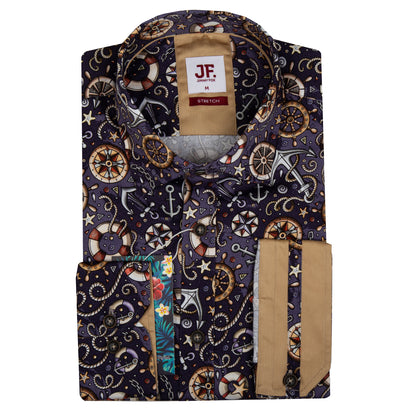 Dark Purple Sailors Print Tailored Fit Long Sleeve Shirt