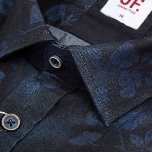 Indigo Denim Floral Print Tailored Fit Long Sleeve Shirt