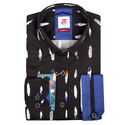 Midnight Blue/Almost Black Feather Print Tailored Fit Long Sleeve Shirt