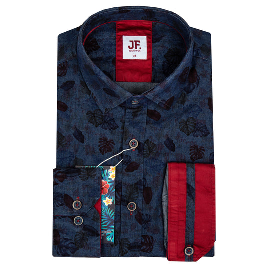 Dark Denim Overprint Fern Design Tailored Fit Long Sleeve Shirt