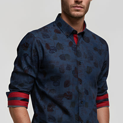 Dark Denim Overprint Fern Design Tailored Fit Long Sleeve Shirt