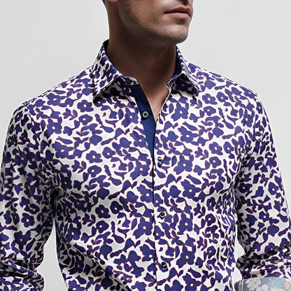 White/Blue Floral Print Tailored Fit Long Sleeve Shirt