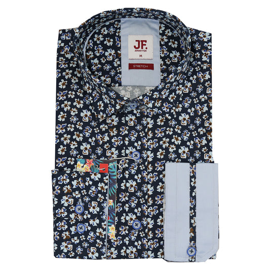 Navy Floral Print Tailored Fit Long Sleeve Shirt