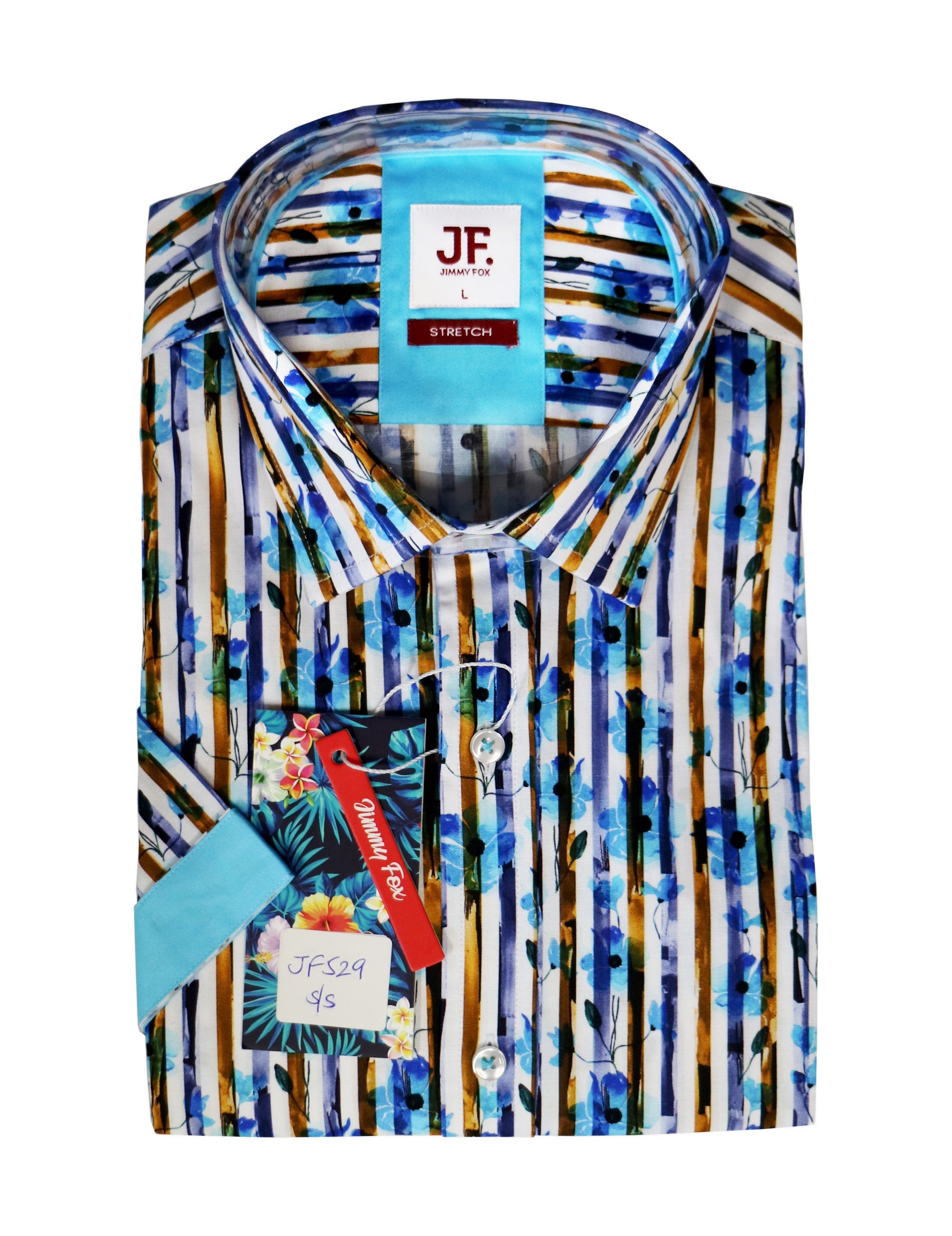 White Summer Striped Floral Print Tailored Fit Short Sleeve Shirt