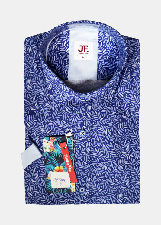 Blue Summer Leaf Print Tailored Fit Short Sleeve Shirt