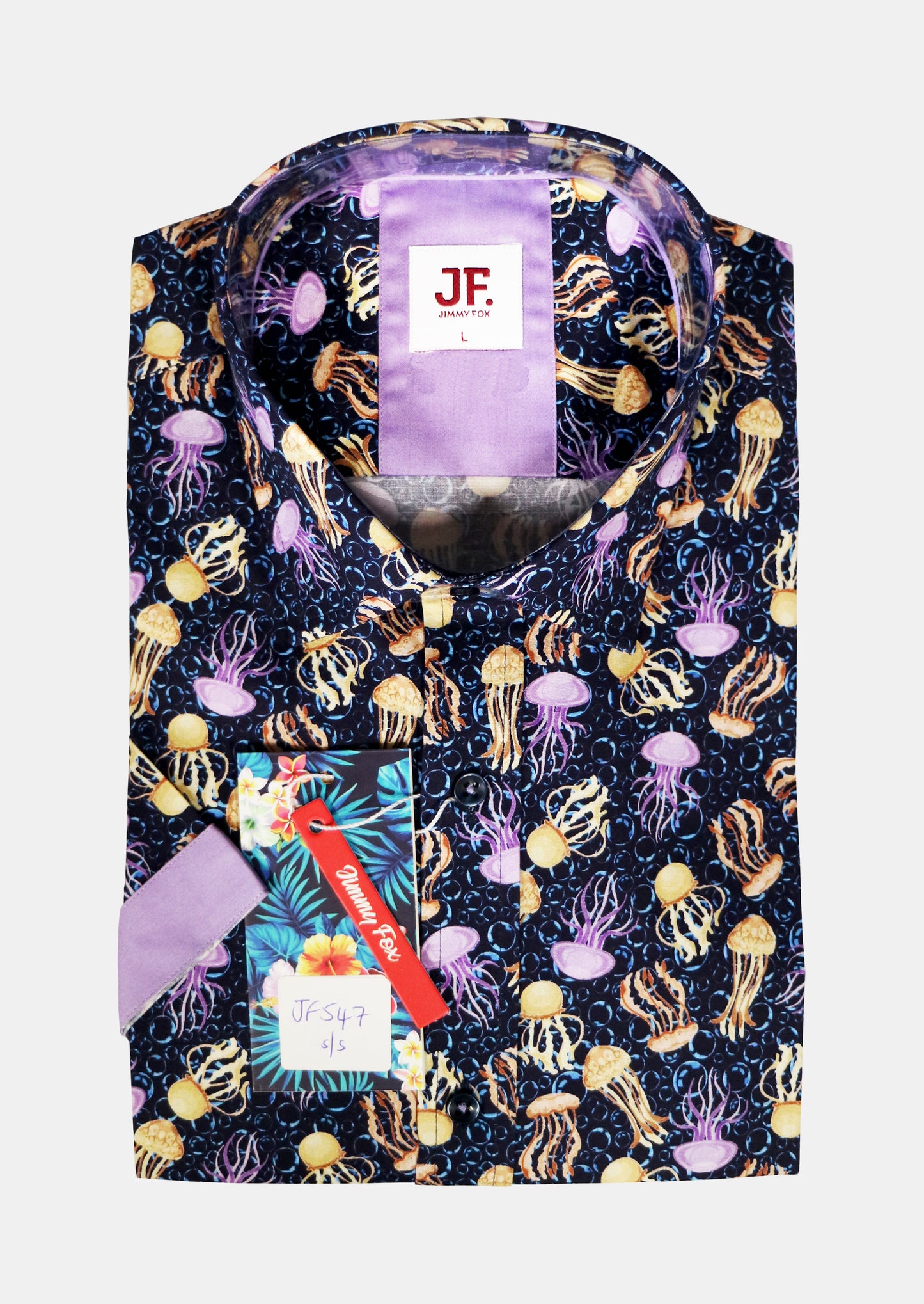Navy Jelly Fish Print Tailored Fit Short Sleeve Shirt