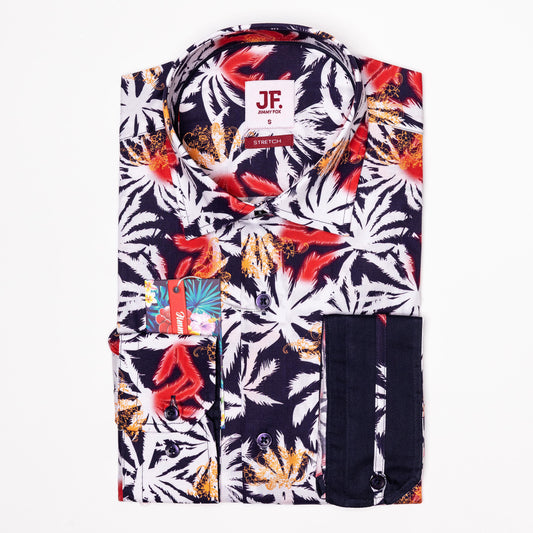Tropical Cutout Floral Print Tailored Fit Long Sleeve Shirt