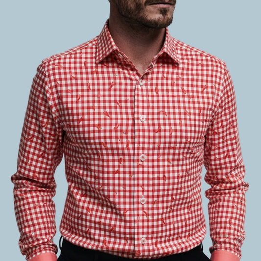 Red Picnic Check Hot Pepper Overprint Tailored Fit Long Sleeve Shirt