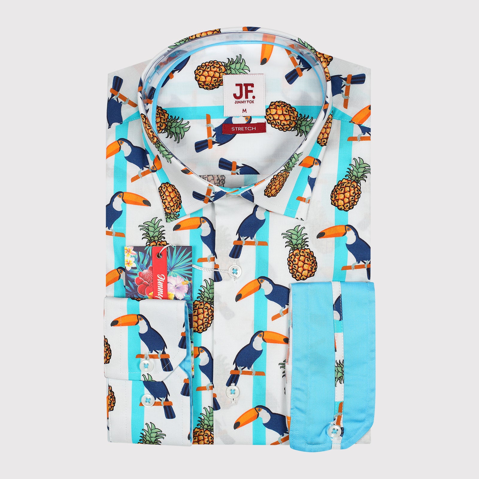 JF-JA2051 JIMMY FOX Toucan with Pineapple Block Stripe Print Poplin Stretch Slim Fit L/S Shirt