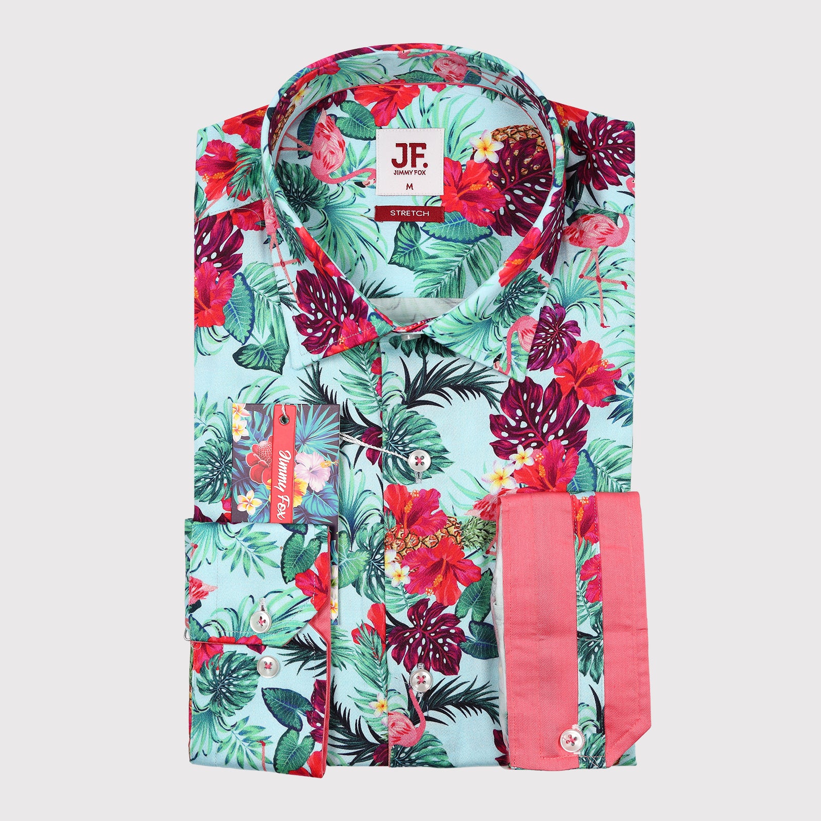JF405 JIMMY FOX Hibiscus, Leaf and Flamingo Print Sateen Stretch Slim Fit L/S Shirt