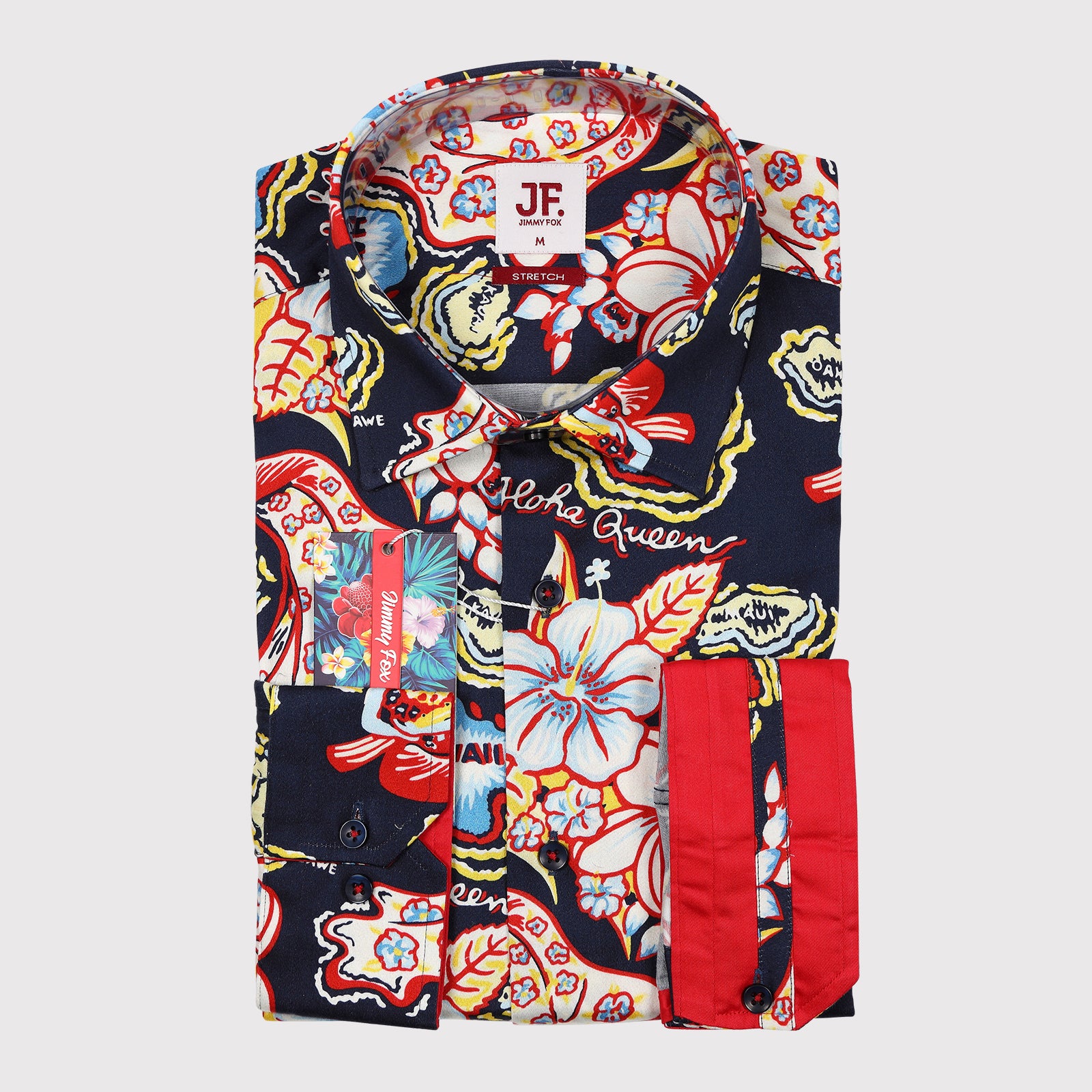 JF424 JIMMY FOX Vintage Hawaiian Print Sateen Stretch Slim Fit L/S Shirt